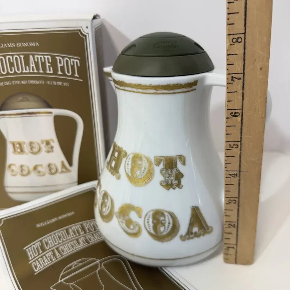 Williams-Sonoma Hot Cocoa Chocolate Carafe Pot White Gold Pitcher Frother NEW
